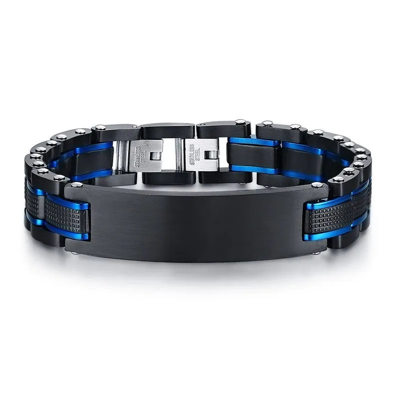 Vintage Custom Mens Bracelet Heavy Punk Stainless Steel Blue Black Free Engraving Father's DAD Gifts Pulseira Masculina