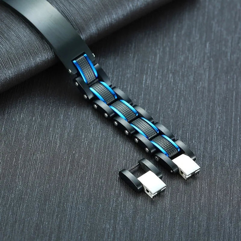 Vintage Custom Mens Bracelet Heavy Punk Stainless Steel Blue Black Free Engraving Father's DAD Gifts Pulseira Masculina