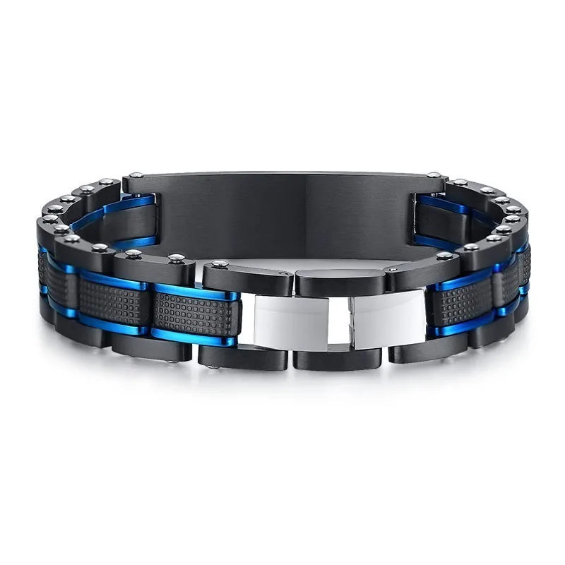 Vintage Custom Mens Bracelet Heavy Punk Stainless Steel Blue Black Free Engraving Father's DAD Gifts Pulseira Masculina