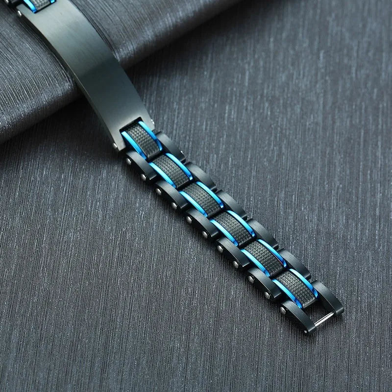 Vintage Custom Mens Bracelet Heavy Punk Stainless Steel Blue Black Free Engraving Father's DAD Gifts Pulseira Masculina