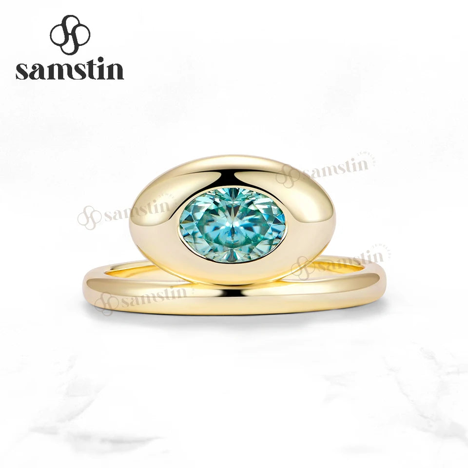 Samstin 1CT Cyan Moissanite Custom Ring for Women Solid 14K 10K 585 Yellow Gold Engagement Ring for Christmas Gift Party Jewelry