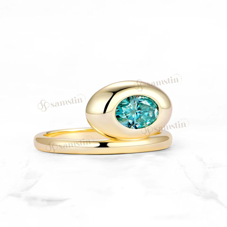 Samstin 1CT Cyan Moissanite Custom Ring for Women Solid 14K 10K 585 Yellow Gold Engagement Ring for Christmas Gift Party Jewelry