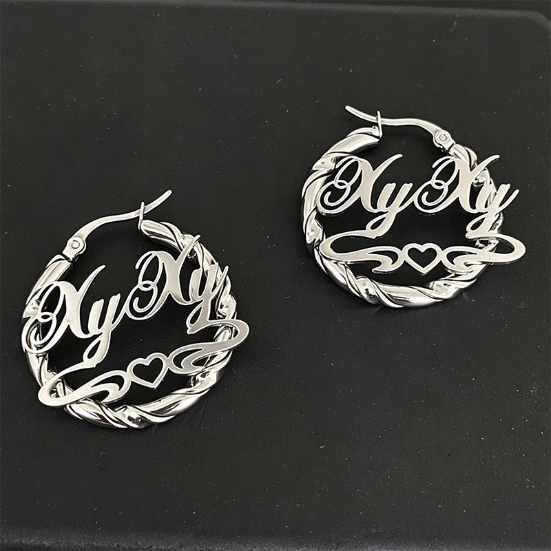 2026 Personalized Your Name Stud Earrings Woman Stainless Steel Silver Circle Hoop Customized Text Piercing Earring Jewelry