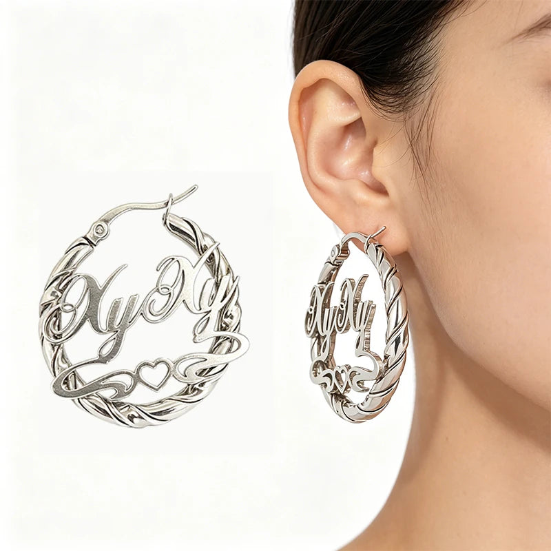 2026 Personalized Your Name Stud Earrings Woman Stainless Steel Silver Circle Hoop Customized Text Piercing Earring Jewelry