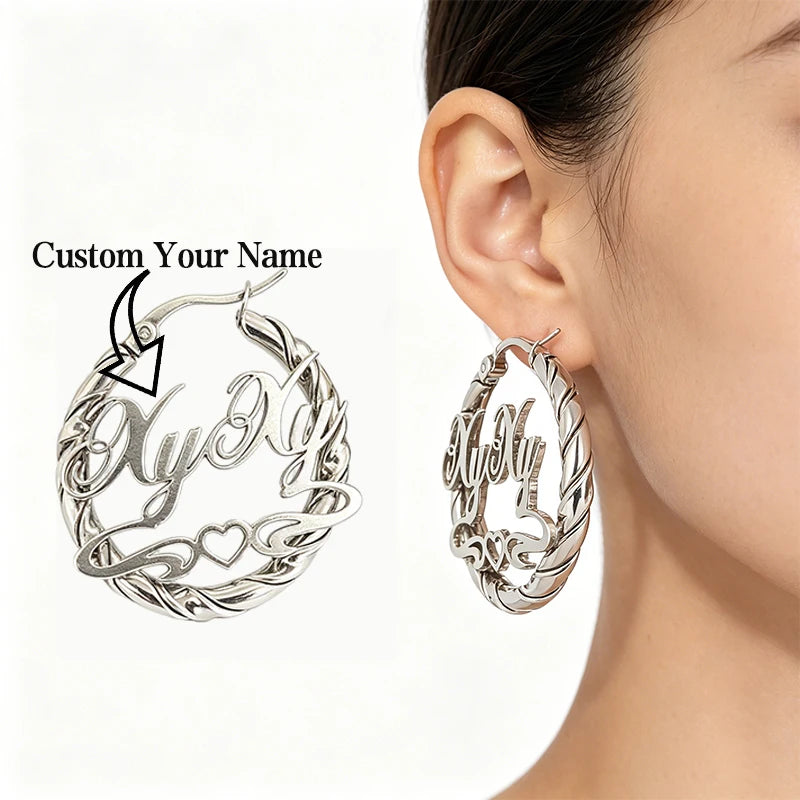 2026 Personalized Your Name Stud Earrings Woman Stainless Steel Silver Circle Hoop Customized Text Piercing Earring Jewelry
