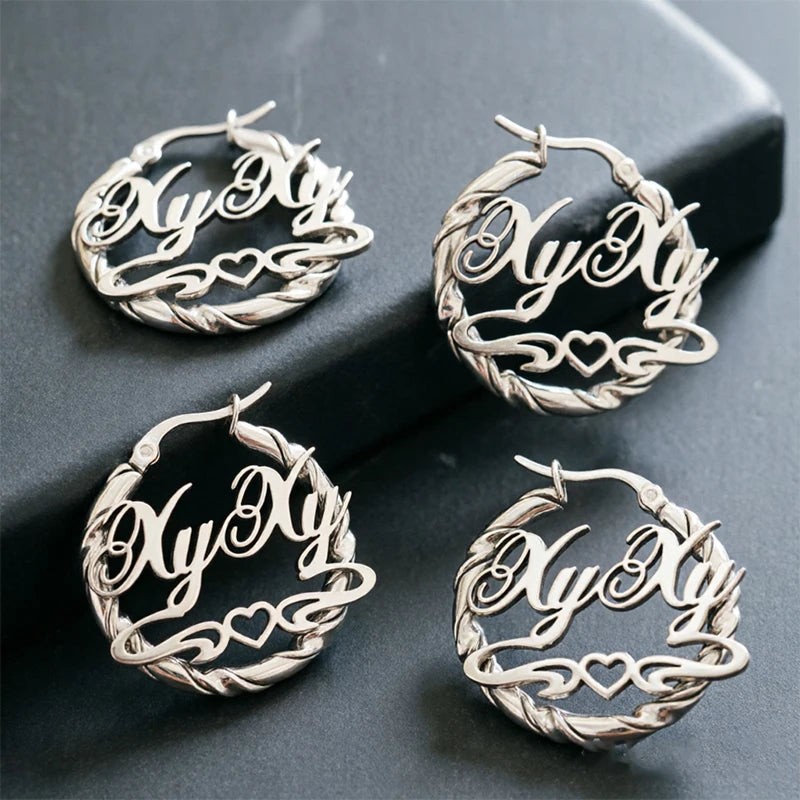 2026 Personalized Your Name Stud Earrings Woman Stainless Steel Silver Circle Hoop Customized Text Piercing Earring Jewelry