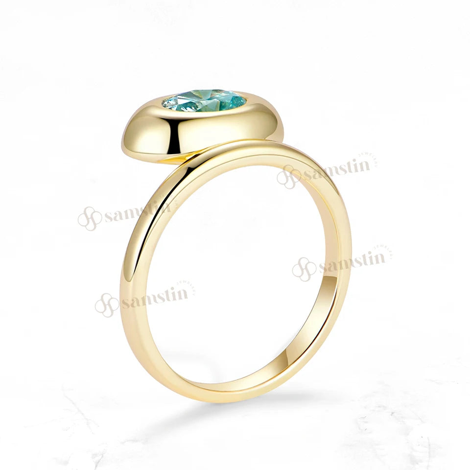 Samstin 1CT Cyan Moissanite Custom Ring for Women Solid 14K 10K 585 Yellow Gold Engagement Ring for Christmas Gift Party Jewelry