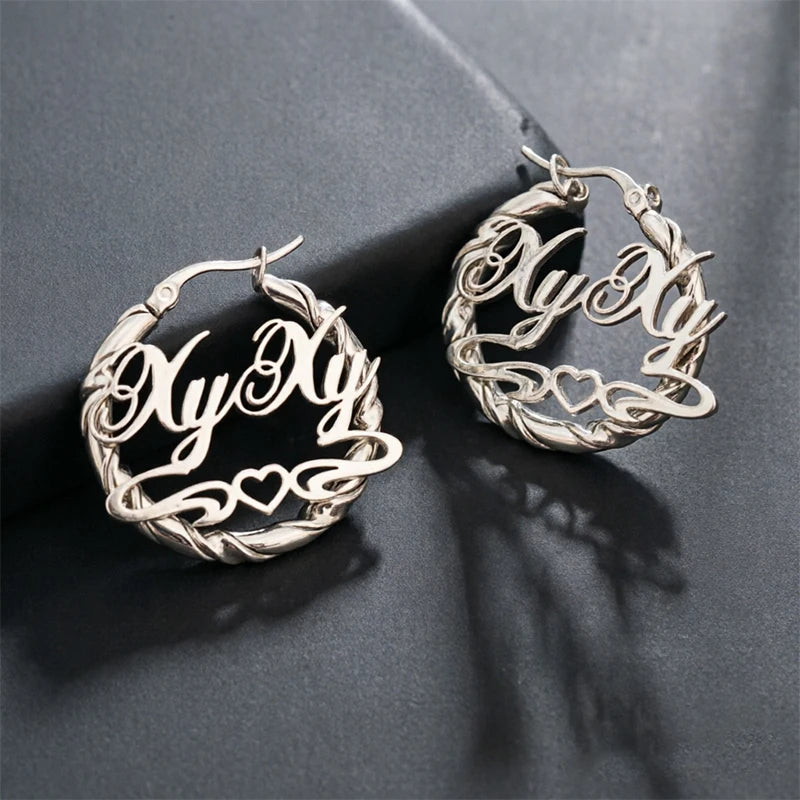 2026 Personalized Your Name Stud Earrings Woman Stainless Steel Silver Circle Hoop Customized Text Piercing Earring Jewelry