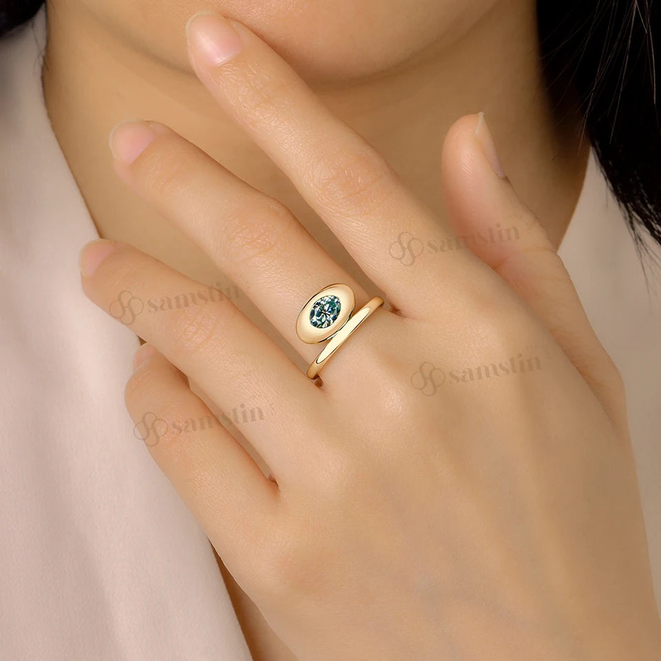 Samstin 1CT Cyan Moissanite Custom Ring for Women Solid 14K 10K 585 Yellow Gold Engagement Ring for Christmas Gift Party Jewelry
