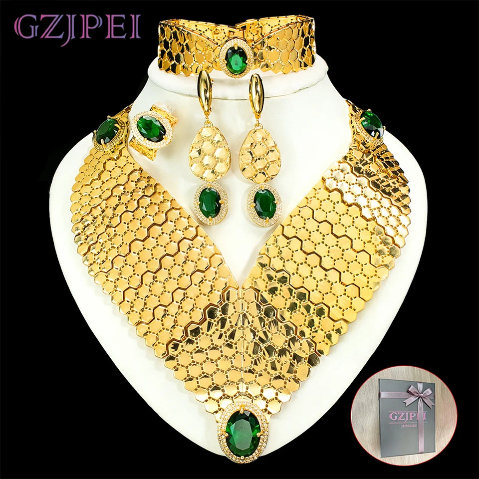 GZJPEI 2026 New Green Zircon Jewelry Set Luxury Wedding Jewelry Accessories For Women Mother's Day Gift Valentine's Day Gift